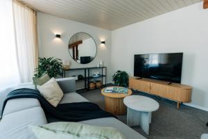 a living room with a couch and a flat screen tv at 120sqm Duplex Apartment with AirC Free Parking Family & Business in Biel