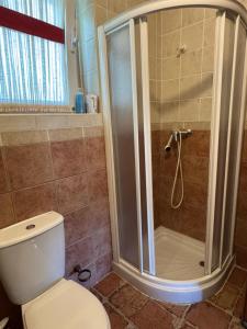 a bathroom with a shower with a white toilet at Eclipse 2026 in Tamarón