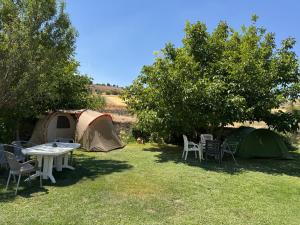 a campsite with a table and chairs and tents at Eclipse 2026 in Tamarón