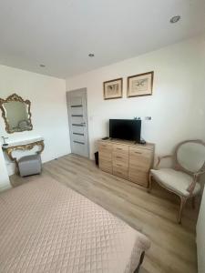 a bedroom with a bed and a tv and a chair at Pokoje J&J in Grabówka