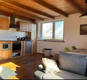 a living room with a couch and a kitchen at Ferien auf dem Pferdehof in Rappin