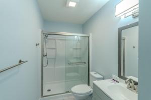 a bathroom with a shower and a toilet and a sink at Cedar Retreat in McGaheysville +49 photos