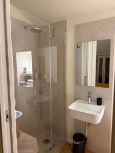 a bathroom with a glass shower and a sink at Casa Picicio in Assisi