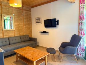 a living room with a couch and a table and a tv at Les Gîtes du Chênelet in Landrethun-le-Nord