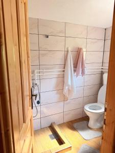 a bathroom with a toilet and towels on a wall at Naš raj in Berane