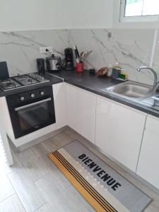 a kitchen with a stove and a sink at villa Kanel in Le Robert +2 photos