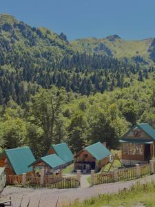 a group of cottages with mountains in the background at Naš raj in Berane