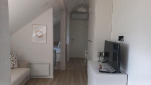 a living room with a couch and a television at Kirhouse Apartment in Bohinjska Bela