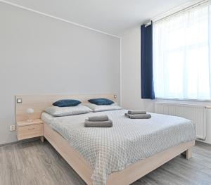 a white bedroom with a large bed with blue pillows at Apartmán na výsluní in Luhačovice