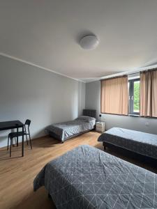 a bedroom with two beds and a desk in it at Horiza Białe Błota in Białe Błota