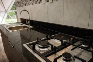 a stove top in a kitchen with a sink at Private Dome Relax in Nature in San Bernardino