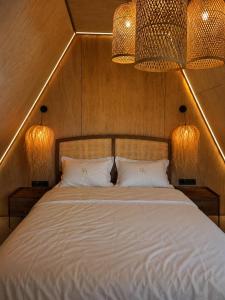 a bedroom with a bed with two lights on it at Dilok Hills in Mykulychyn +21 photos