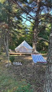 a tent in the woods with a hammock in front at Merevaatega Glämping Sarvel in Kukka