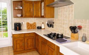 a kitchen with wooden cabinets and a stove top oven at Le Gîte des Violettes in Ger +8 photos