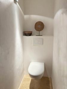 a bathroom with a toilet and a bowl on a shelf at Mas de grange neuve in Mollans-sur-Ouvèze