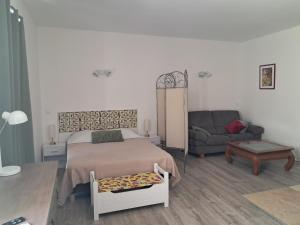 a bedroom with a bed and a couch at Les Jardins du Bateau in Vals-les-Bains