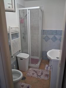 a bathroom with a shower and a toilet and a sink at CASINA SULLa SABBIA in Torvaianica