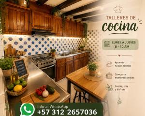 a kitchen with wooden cabinets and a table with fruits and vegetables at Hostel Casa Unicentro in Bogotá