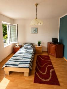 a bedroom with a bed and a television in it at Pension Zum Rödereck in Zeithain