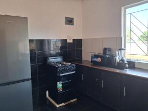 a kitchen with a stove and a counter top at Larry's Lodge in Livingstone