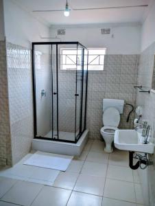 a bathroom with a shower and a toilet and a sink at Larry's Lodge in Livingstone