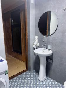 a bathroom with a sink and a mirror at Babitouli-2 in Niabauri