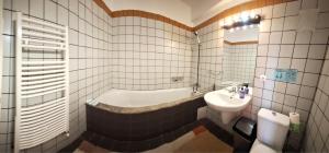 a bathroom with a tub and a toilet and a sink at Centrul 3H in Sub Piatra +88 photos