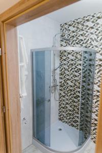 イノヴロツワフにあるSolankowy Apartamentのバスルーム(ガラスドア付きのシャワー付)