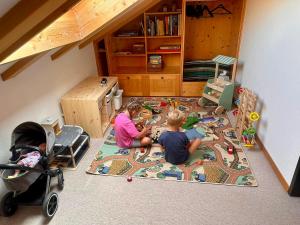 two children sitting on the floor in a room playing with toys at Wohnung Steinbock Savognin in Savognin +17 photos