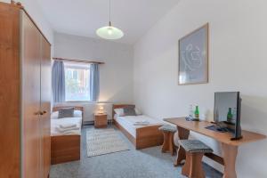 a living room with a couch and a desk with a television at Penzion Brixen in Lipnice nad Sázavou