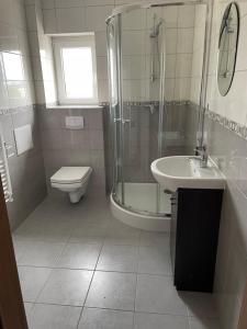 a bathroom with a shower and a toilet and a sink at Różowa in Miłosław