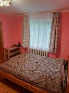 a bedroom with a large bed with a window at Садиба На лужку in Lazeshchyna