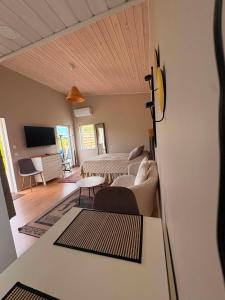 a living room with a couch and a bed at Stugan i Vik på Österlen in Simrishamn