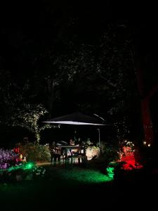 a table with an umbrella in a garden at night at Il cielo in una stanza in Itri +30 photos