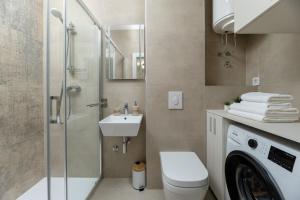 a bathroom with a shower toilet and a sink at Apartman Tena in Barban