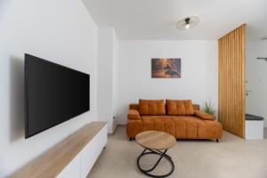 a living room with a couch and a flat screen tv at Apartman Tena in Barban