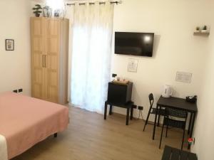 a bedroom with a bed and a desk and a television at Sea and Airport View in Fiumicino
