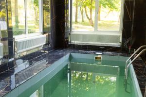 a swimming pool in a house with windows at Orinoko Guest House in Stacija Sece