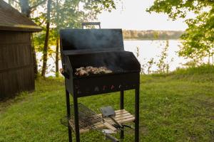 a grill in the grass next to a body of water at Orinoko Guest House in Stacija Sece
