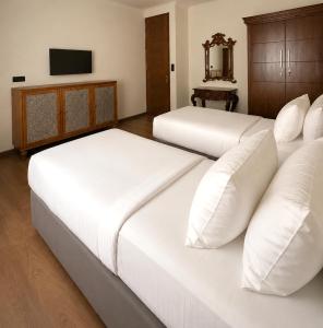 two white beds in a room with a television at Aradhana by Nepali in Moratuwa +3 photos