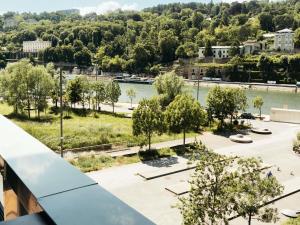 a view of a park with a river and trees at Novotel Lyon Centre-Confluence Bord de Saone in Lyon