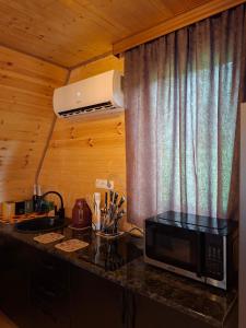 a kitchen with a microwave on a counter next to a window at WILD NEST Cottage 