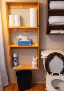 a bathroom with a toilet and a shelf with toilet paper at Peace in Lake Hartwell in Hartwell