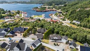 an aerial view of a town with a river and houses at Cozy apartment in South of Norway! in Svenevik +12 photos
