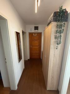 a hallway of a room with a door and a plant at DiSte Apartman in Knin