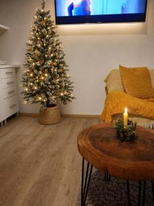 a living room with a christmas tree and a table with a candle at Aichinger in Hanušovice