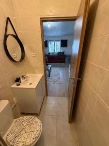 a bathroom with a toilet and a sink and a mirror at Appartement entier accès rapide Paris et parc dexpo in Sevran +38 photos