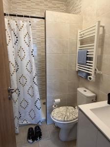 a bathroom with a toilet and a shower curtain at Appartement entier accès rapide Paris et parc dexpo in Sevran