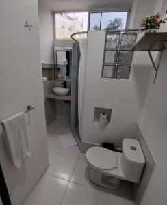 a white bathroom with a toilet and a sink at Galápagos Apartments in Puerto Ayora