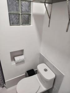 a bathroom with a white toilet and a window at Darwin-Galápagos Apartment in Puerto Ayora